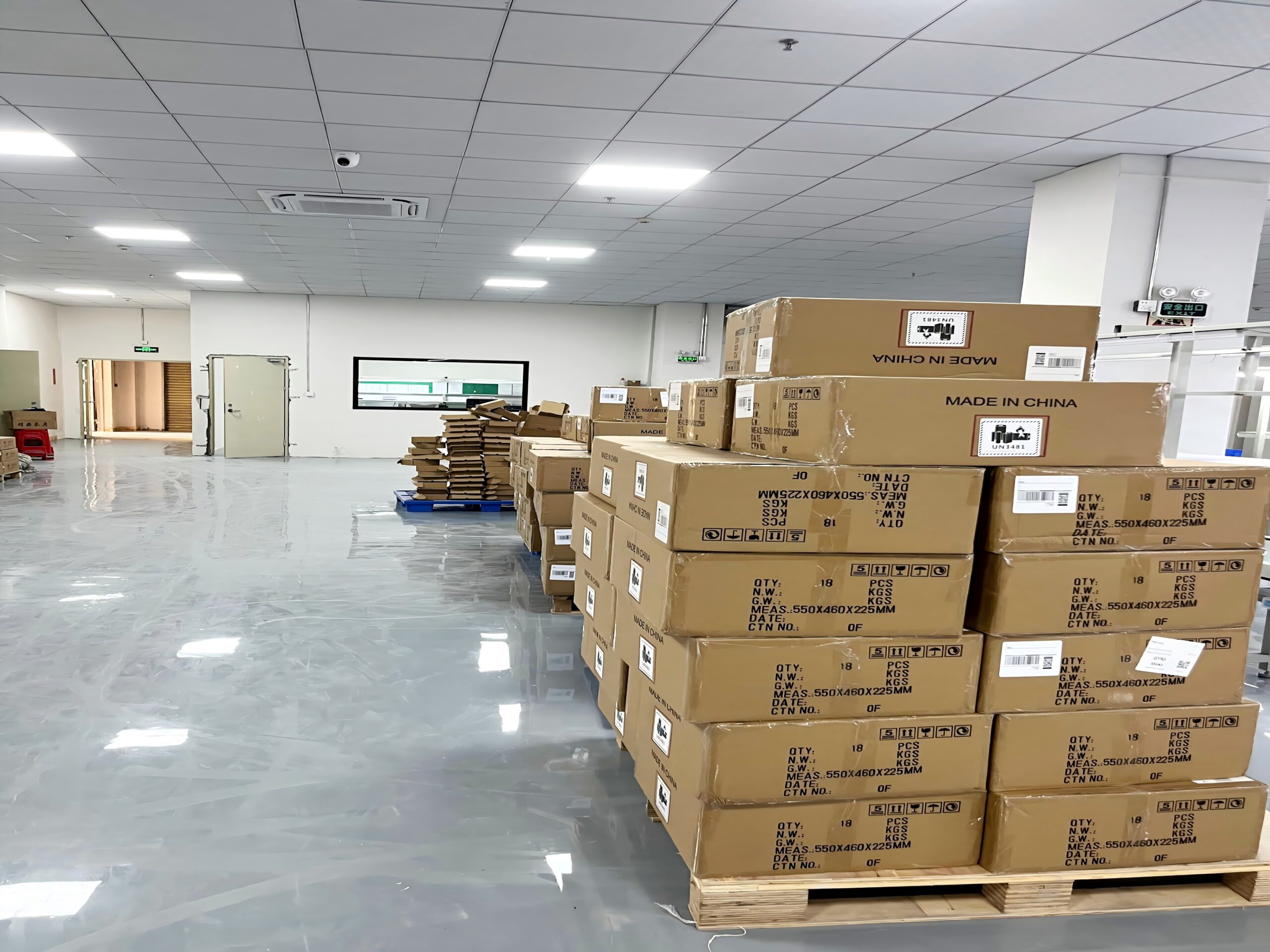 HNF Battery warehouse with finished lithium battery packs ready for global export shipment