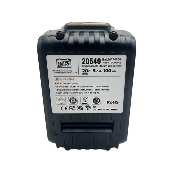 DeWalt DCB200 20V 5.0Ah 100Wh battery specification label, CE RoHS certified